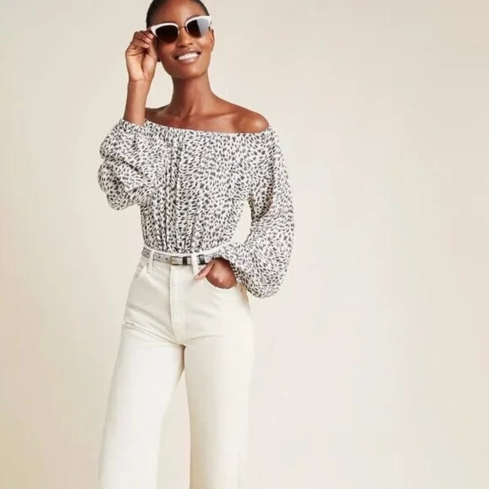Anthropologie Off The Shoulder Cascais Top Womens Size M Neutral Animal Print